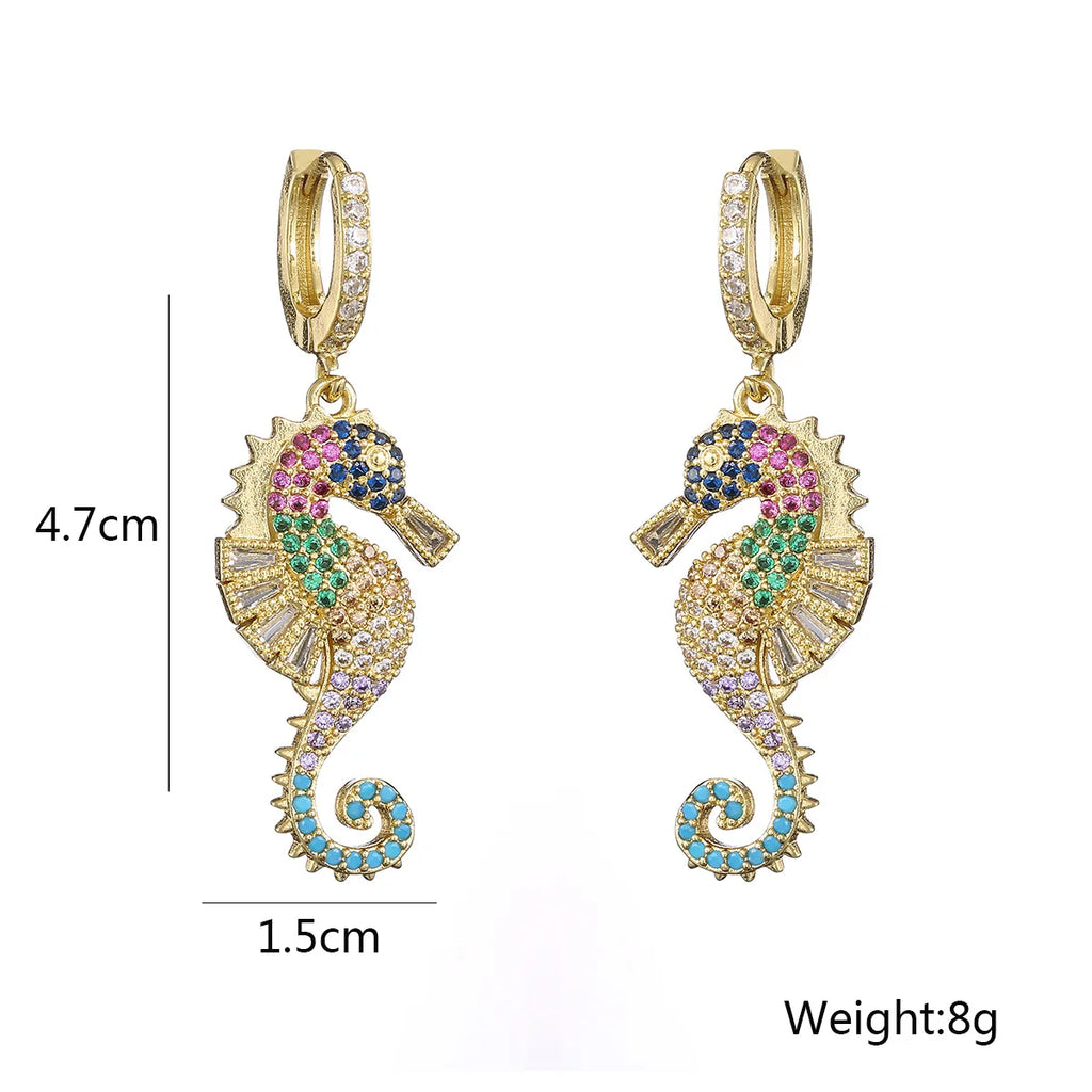 NEWBUY 2024 Trendige Bunte AAA Zirkonia Inlay Seepferdchen Ohrhänger für Damen Party Schmuck