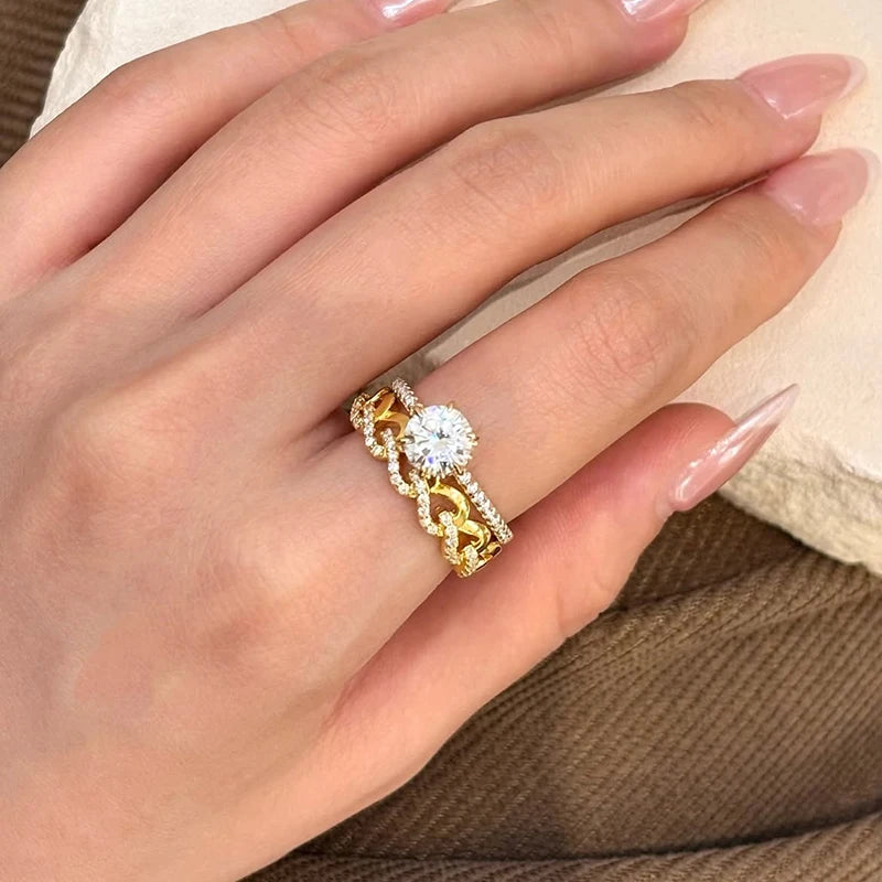 MINTYBOX 18K Gelbgold D Moissanit Ringe für Damen Handgefertigt 6,5mm S925 Silber Runder Verlobungsring Geschenk Edler Schmuck