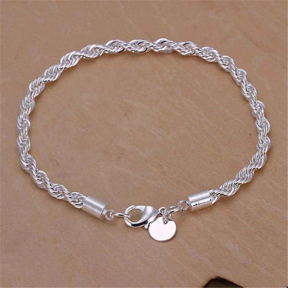 ALIZERO 925 Sterling Silber Unisex 4mm Seilkette Armbänder für Herren Damen Gedrehte Gliederkette Armband Einfacher Klassischer Schmuck