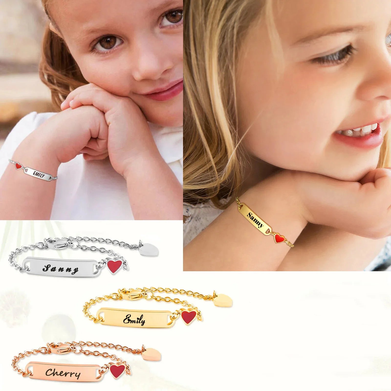 Personalisiertes Herz-Armband für kleine Mädchen/Jungen, gravierbares ID-Namensarmband, personalisiertes Edelstahlketten-Geburtstagsgeschenk