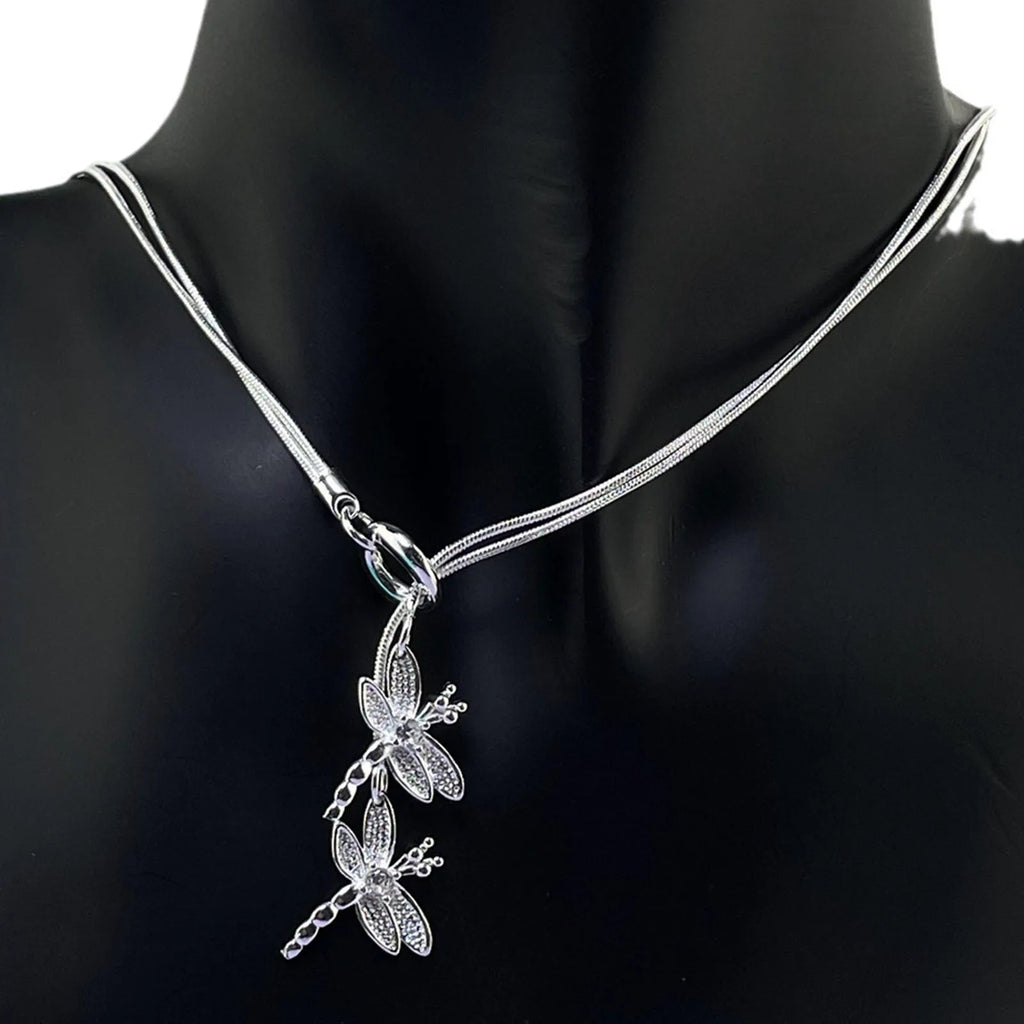 Collar con colgante de dos libélulas de plata de ley 925 para mujer, collar con cadena de serpiente, joyería para boda y compromiso