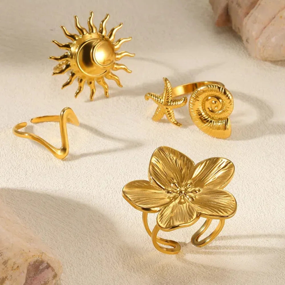 Elegante Edelstahl Big Bloom Blumenringe für Frauen Goldfarbe Sonne Seestern Offener Ring Fingerschmuck Hochzeit Ihr Geschenk Punk