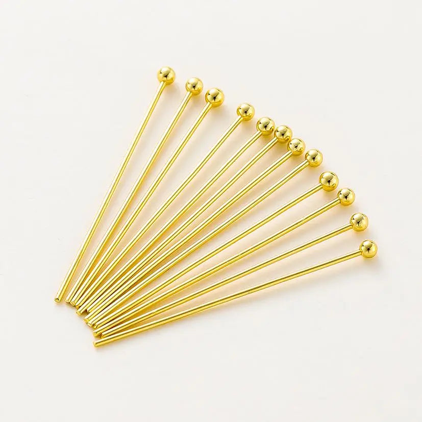 100 unidades/lote de 16-50 mm chapados en oro de 14K y 18K, alfileres de cabeza redonda para hacer joyas, accesorios de latón, metal, alfileres de cabeza plana y de ojal