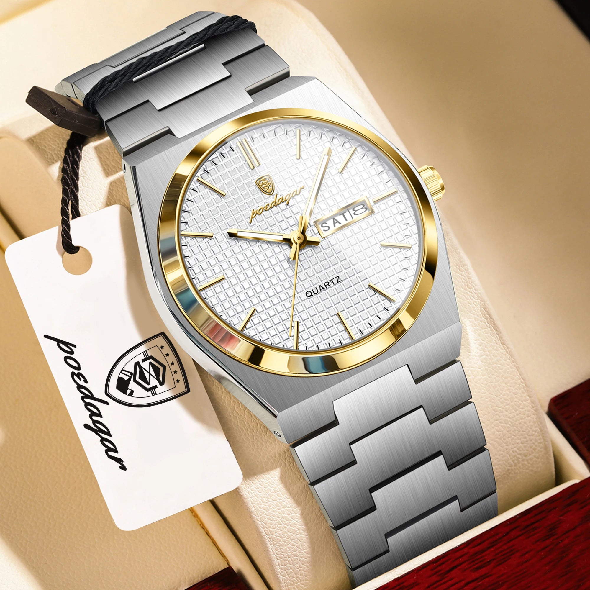 POEDAGAR Reloj de Hombre de Negocios de Acero Inoxidable Impermeable Luminoso con Fecha y Semana Reloj de Pulsera de Cuarzo de Moda Casual para Hombres