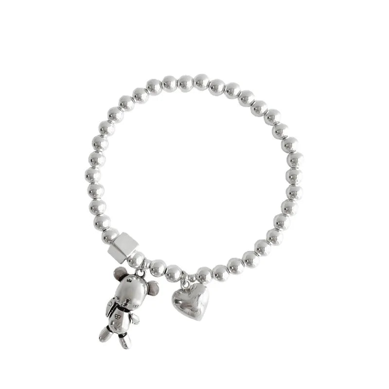 925 Sterling Silver Bracelets for Women String of Beads Accessories Trend Vintage Simple Cute Bear Pendant Party Jewelry