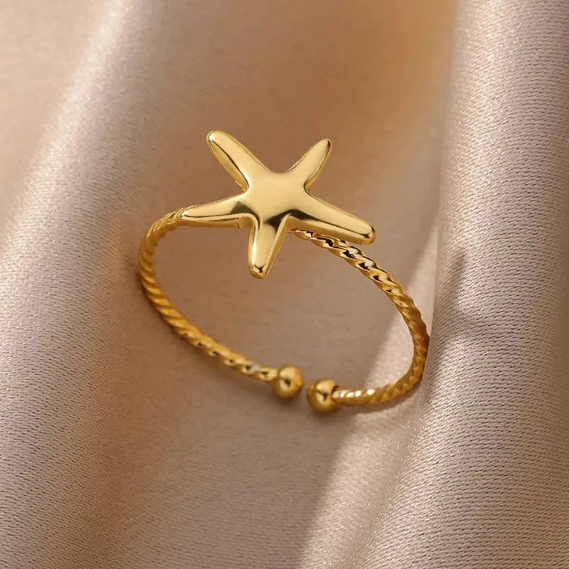 Edelstahl Blumenringe für Frauen Goldfarbe Muschel Seestern Mehrschichtiger Aushöhlungsring Modeschmuck Hochzeitsgeschenke