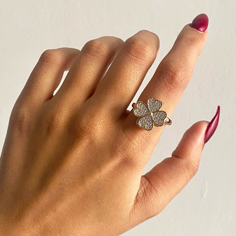 Zirkon Drehbare Vierblättrige Kleeblatt Angst-Ringe für Damen Edelstahl Anti-Stress Fidget Spinner Ring Ästhetischer Schmuck Geschenk