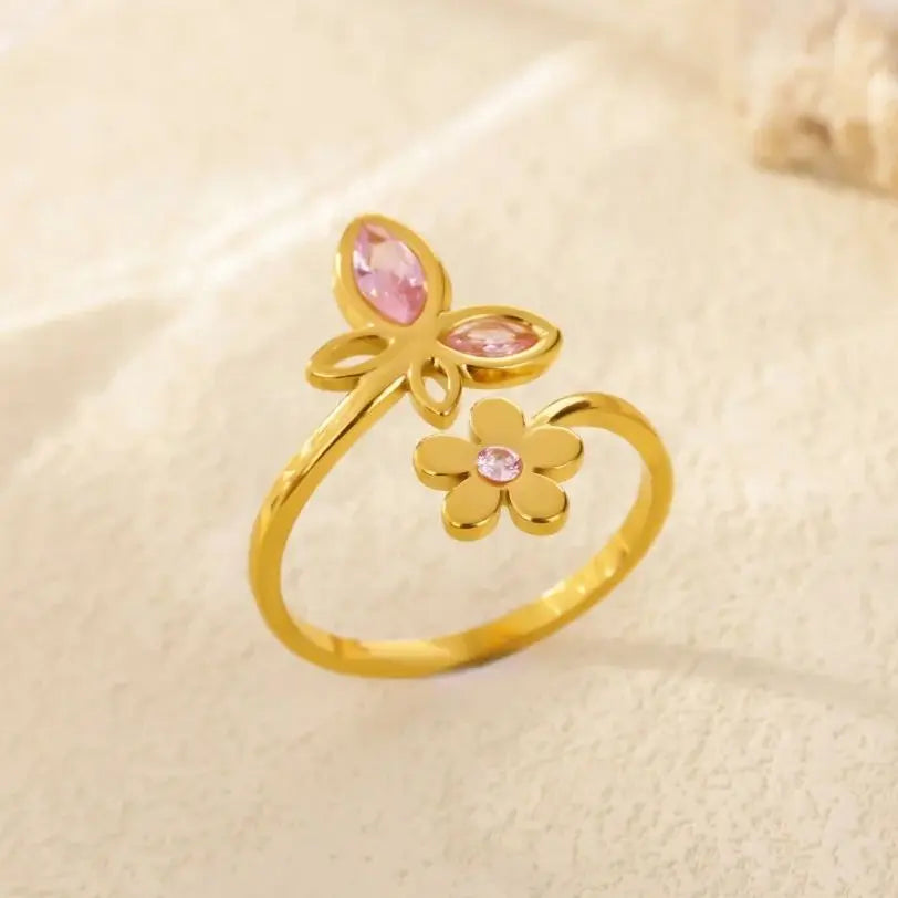 Elegante Zirkonia Blumen Schmetterling Ringe für Damen Goldfarben Edelstahl Blume Verstellbarer Ring Hochzeit Weihnachts Schmuck Geschenk