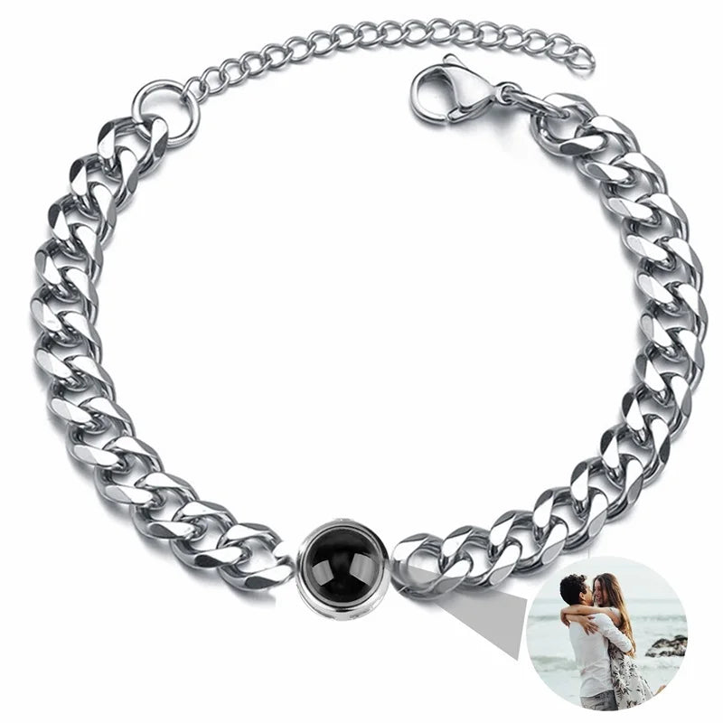 Personalisierte Foto-Armbänder mit Projektion – Armband mit Bild im Inneren, 100 Sprachen „Ich liebe dich“, Edelstahl-Armband