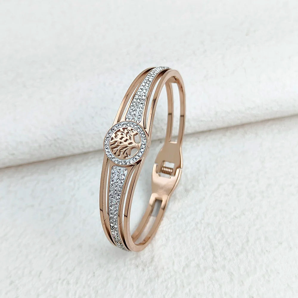 Luxus-Edelstahl-Lebensbaum-Armreif für Frauen und Männer, Kristall-Zirkon-Armband, Silber-Gold-Farbe, Handgelenkschmuck-Accessoires