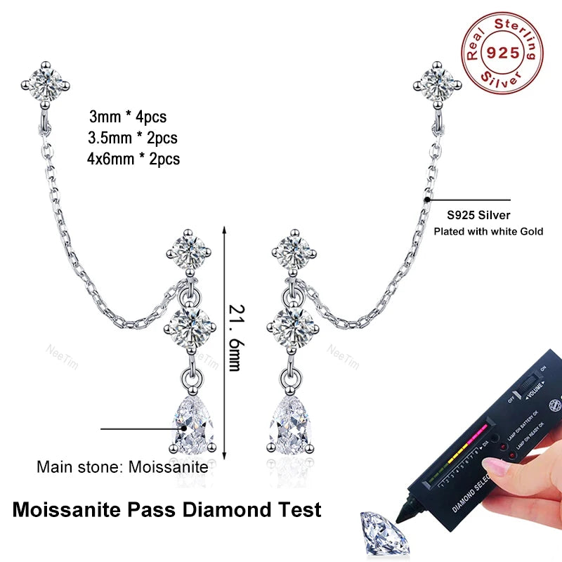 NeeTim Voll-Moissanit-Ohrstecker-Kettenohrringe für Damen Funkelnde Labor-Diamantohrringe 925 Sterling Silber Damen-Ohrringe Schmuck