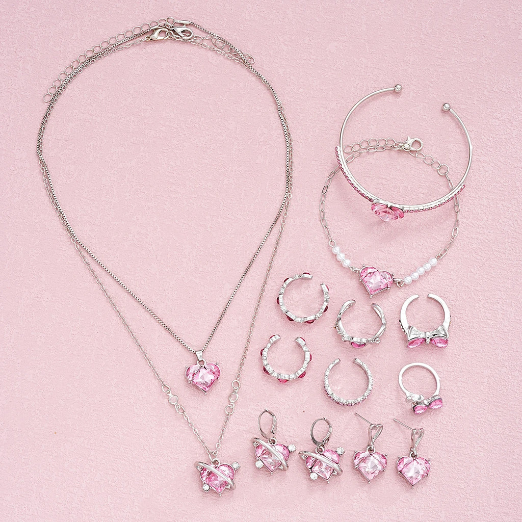 14-teiliges rosa Kristall-Herz-Anhänger-Halsketten-Ohrringe-Ring-Armband-Sets für Frauen Mädchen Mode Schmuck-Set Hochzeitsschmuck-Geschenk