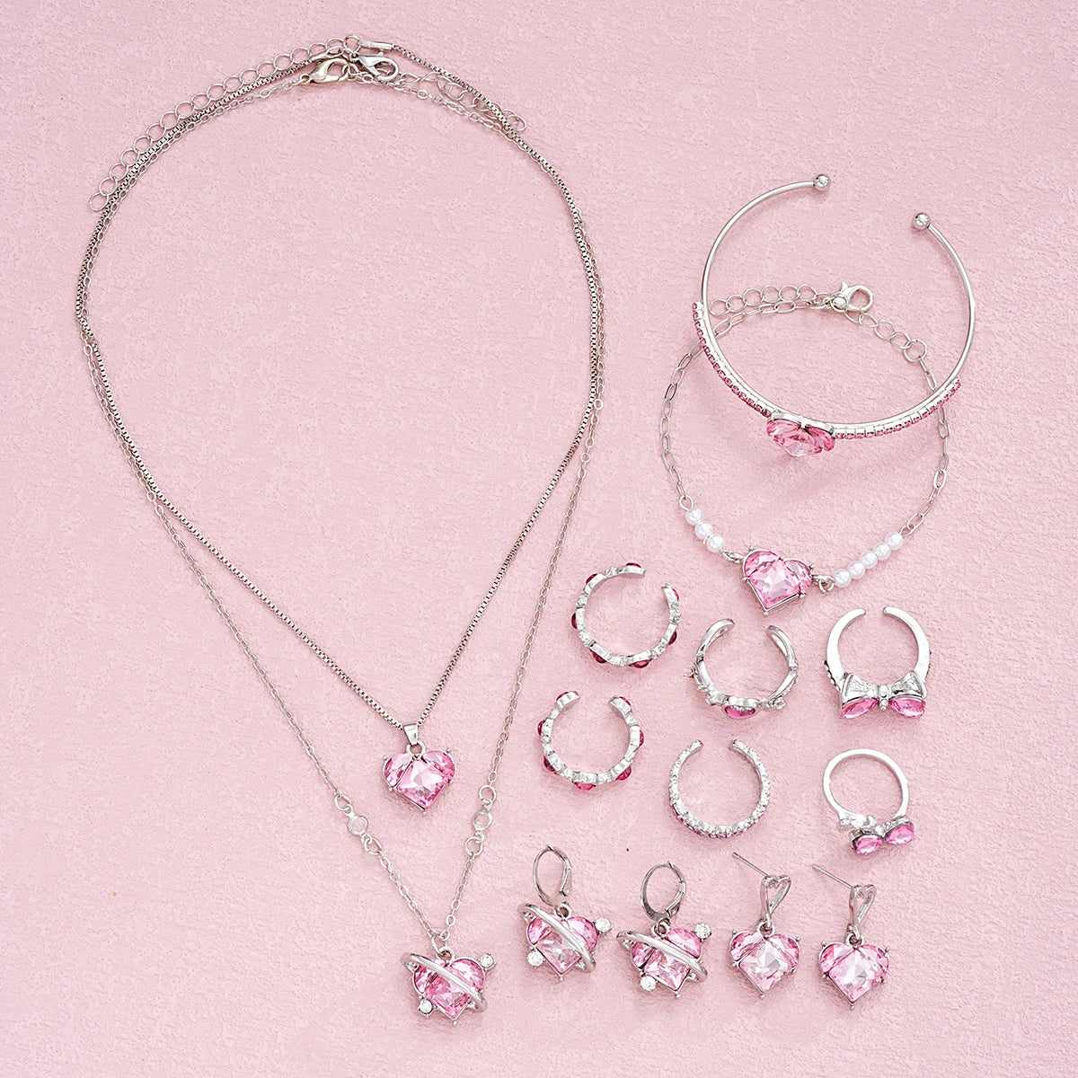 14-teiliges rosa Kristall-Herz-Anhänger-Halsketten-Ohrringe-Ring-Armband-Sets für Frauen Mädchen Mode Schmuck-Set Hochzeitsschmuck-Geschenk