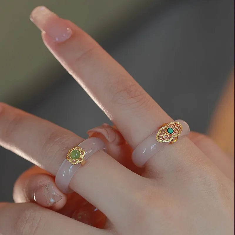 VENTFILLE Anillo de calcedonia y jade de Hotan de plata de ley S925 para mujer, accesorios de joyería vintage de turquesa para niñas, dropshipping
