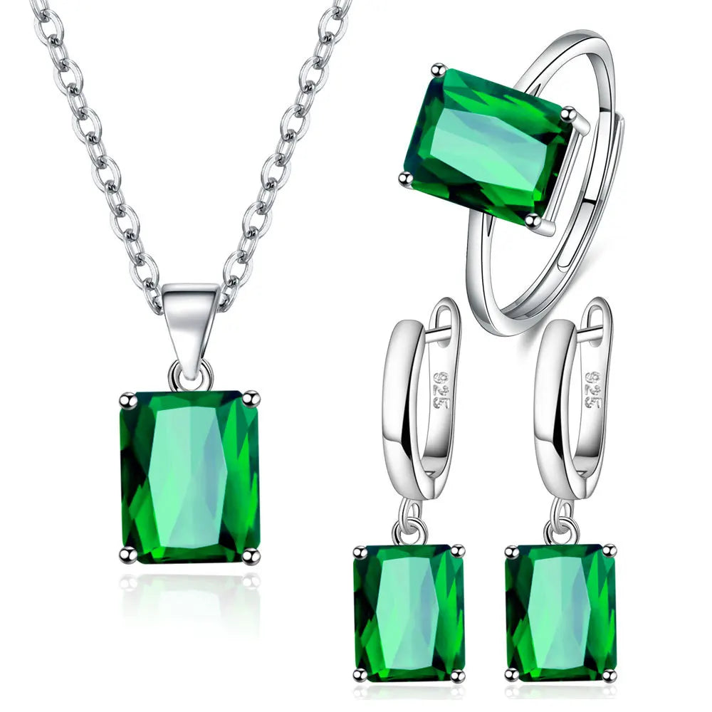 925er Sterlingsilber Elegante Schmucksets Ring Ohrringe Halskette für Damen Rechteck Geometrie Zirkon Hochzeit Accessoires