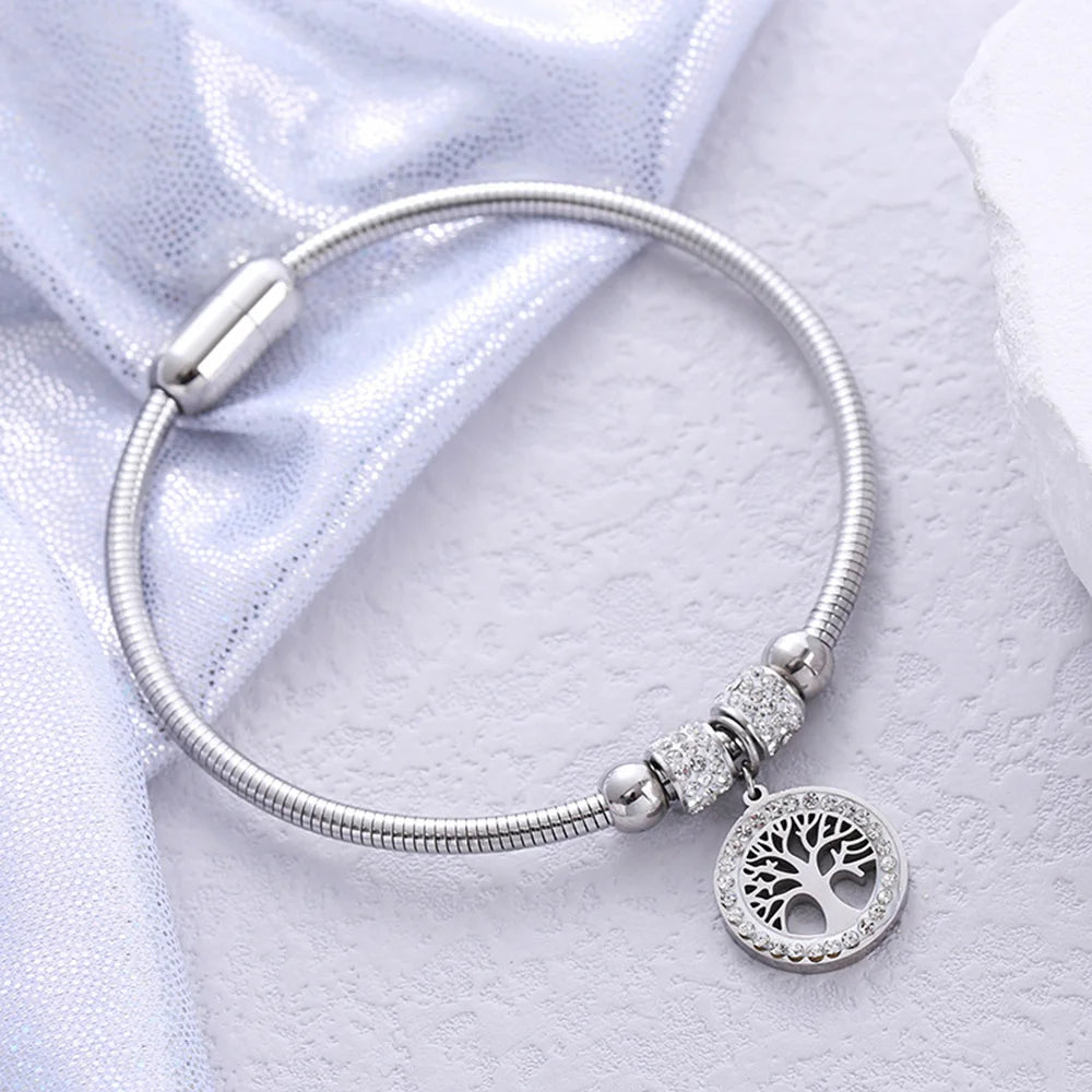 Luxus-Edelstahl-Lebensbaum-Armreif für Frauen und Männer, Kristall-Zirkon-Armband, Silber-Gold-Farbe, Handgelenkschmuck-Accessoires