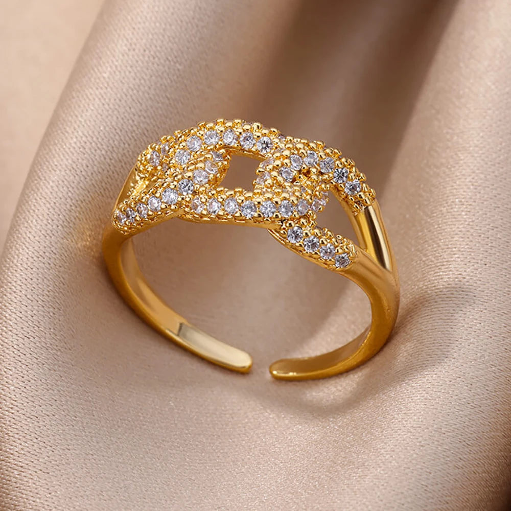 Zirkon-Ketten-Kreuzringe für Damen Vintage Goldfarbe Edelstahl Geometrischer offener Ring Mode Hochzeit Ästhetischer Schmuck Geschenk