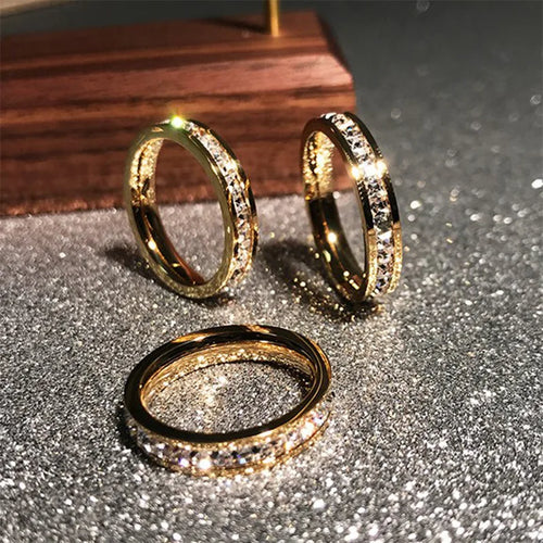 Anillo de boda para mujer con circonita brillante de acero inoxidable de 1 y 2 filas, anillos de moda, joyas para mujer
