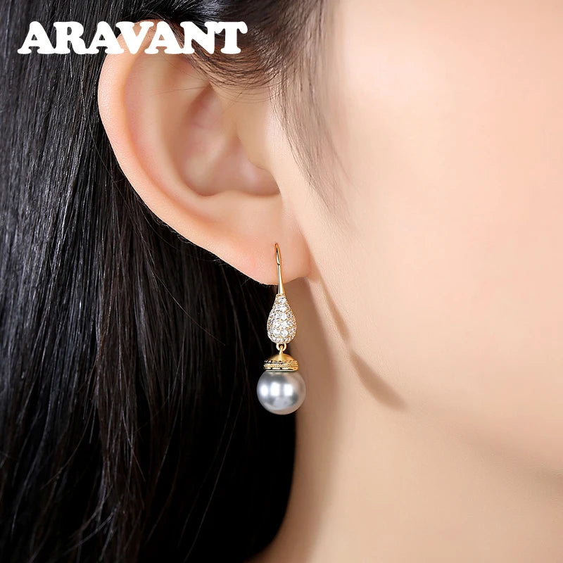 Pendientes Aravant de plata 925 y oro de 18 quilates con gota de agua y perla negra para mujer, joyería de moda