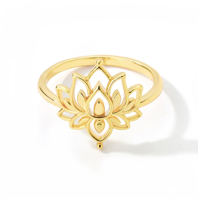 Edelstahl Lotusblumenring für Frauen, goldfarben, Vintage-Stein, Opal, ovaler Blumenring, modischer ästhetischer Schmuck, Geschenk