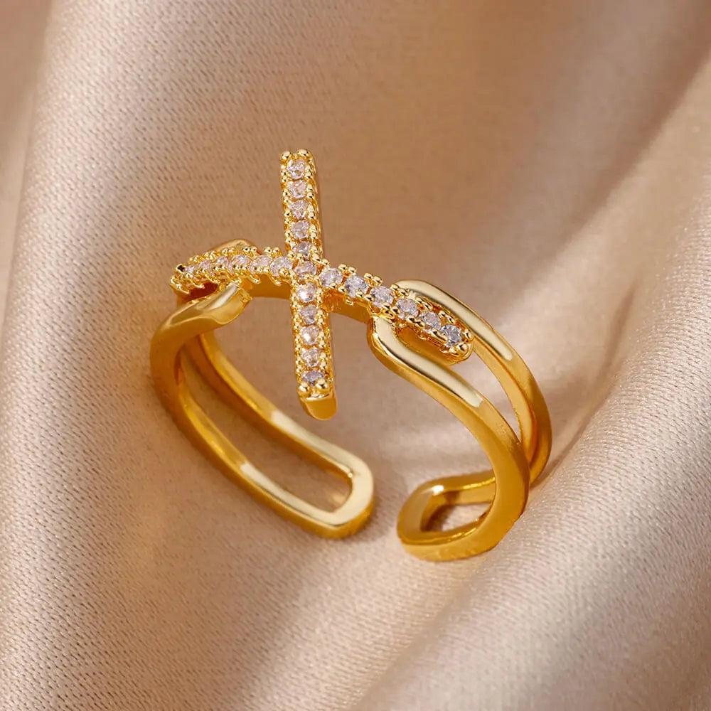 Anillos de acero inoxidable de color dorado a la moda para mujer, cadena hueca de cristal de circón, joyería para dedo, regalo 2023, anillos mujer