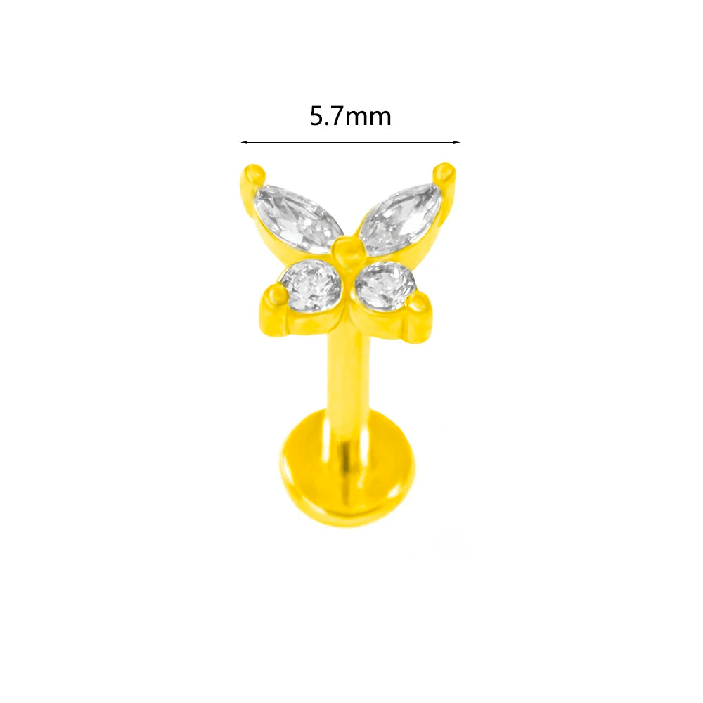 100 % 316L Chirurgischer Edelstahl Blumen Labret Piercing Schmetterling Biene Tragus Schlange Knorpel Helix Flat Back CZ Ohrringe Körperschmuck