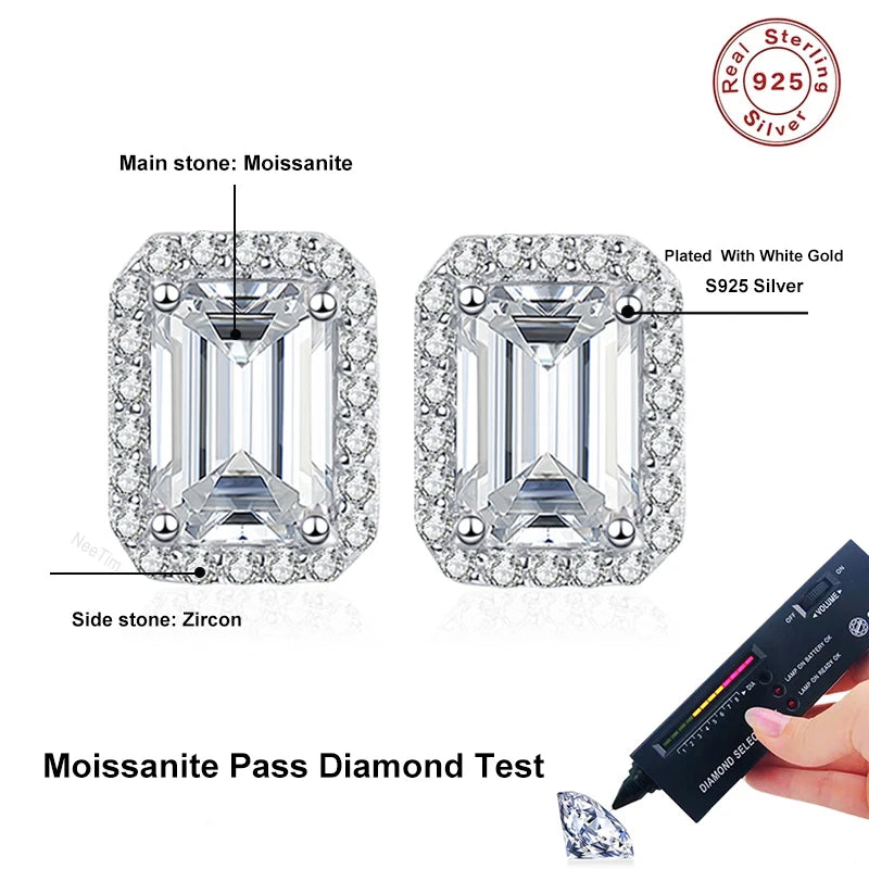 NeeTim 0.5CT 1CT 2CT Smaragd-Schliff Moissanit Ohrstecker für Damen Radiant-Schliff Braut Klassische Ohrstecker Schmuck S925 Silber Ohrringe