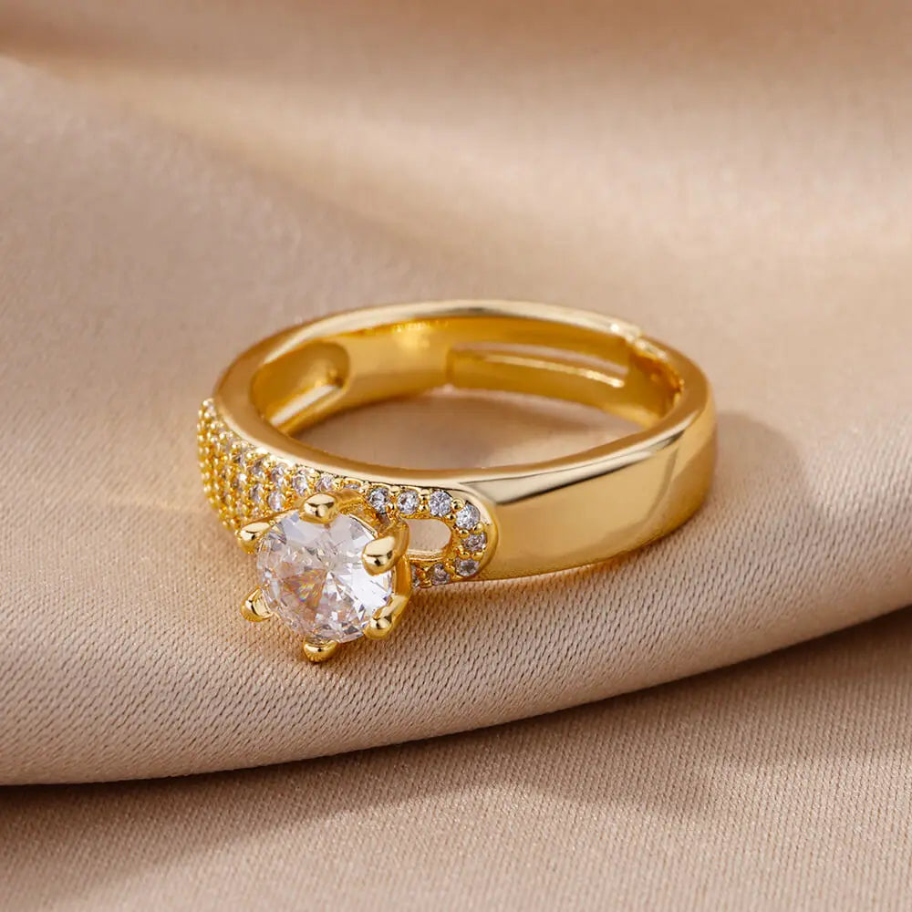 Edelstahl Runde Ringe Für Frauen Zirkon Geometrische Goldfarbe Kristall Ring Ästhetische Hochzeit Party Schmuck Geschenk Bague Femme