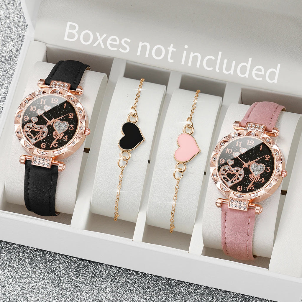 4 Stück/Set Damenuhren Modische Strass-Quarzuhr für Damen mit Lederarmband und Armreif-Set (ohne Box)