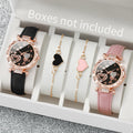 4 Stück/Set Damenuhren Modische Strass-Quarzuhr für Damen mit Lederarmband und Armreif-Set (ohne Box)