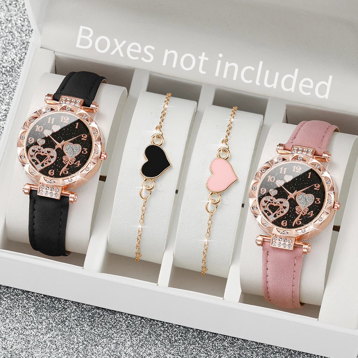 4 Stück/Set Damenuhren Modische Strass-Quarzuhr für Damen mit Lederarmband und Armreif-Set (ohne Box)