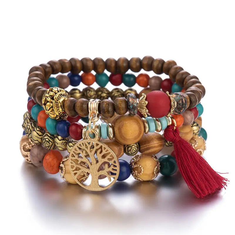 Boho Lebensbaum-Armband-Set für Frauen, modische Quasten, Charms, Holzperlen, elastische Kette, Armreif, trendiger Party-Schmuck für Mädchen