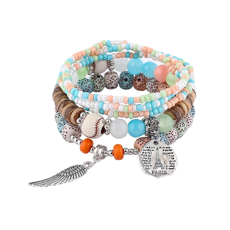 Boho Lebensbaum-Armband-Set für Frauen, modische Quasten, Charms, Holzperlen, elastische Kette, Armreif, trendiger Party-Schmuck für Mädchen
