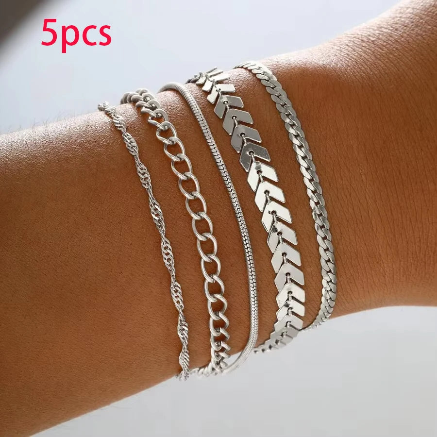 5/15-teiliges Set silberfarbene Kettenperlenarmbänder für Frauen Schlichter, eleganter Urlaub, Strandparty, Freizeit-Schmuck, vielseitig, für den Alltag