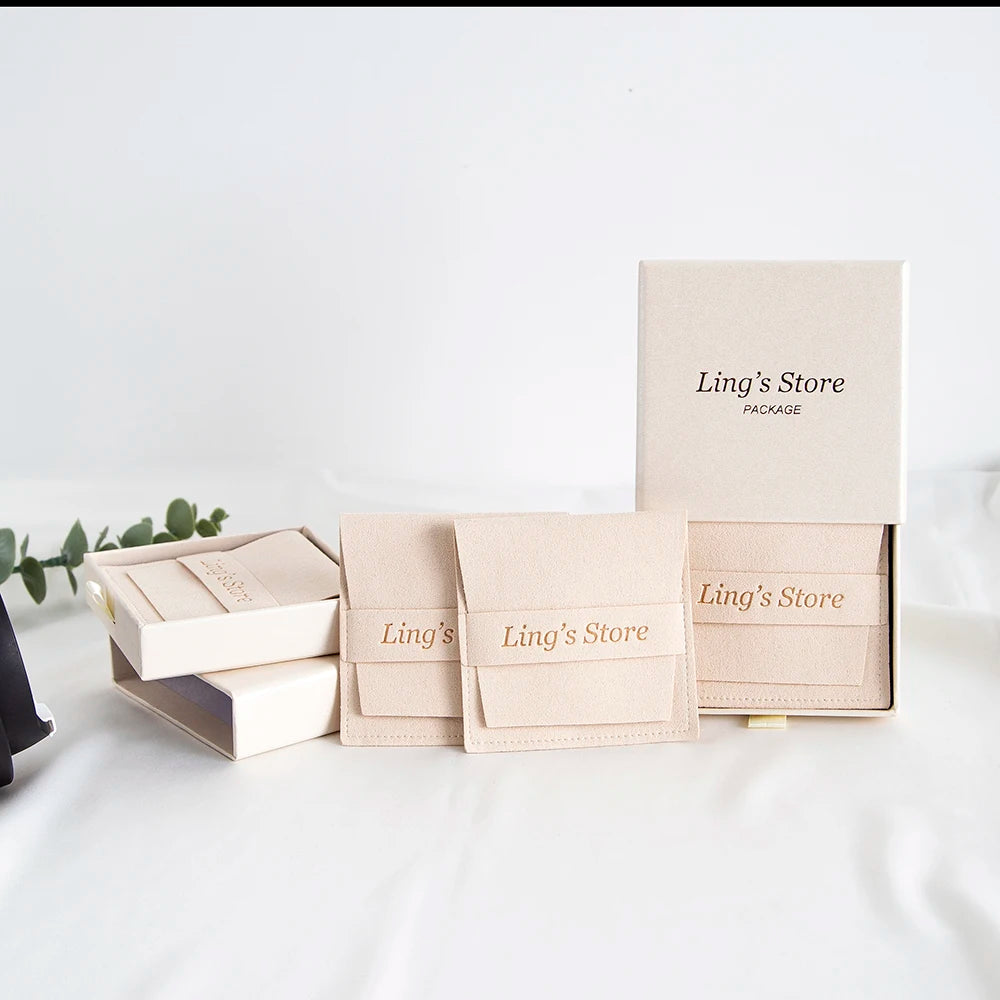 24/50/100Sets Custom Logo 9x9x2.5cm Jewelry Drawer Box 8x8cm Microfiber Strip Bags Can Debossed Logo For Earrings Rings Necklace