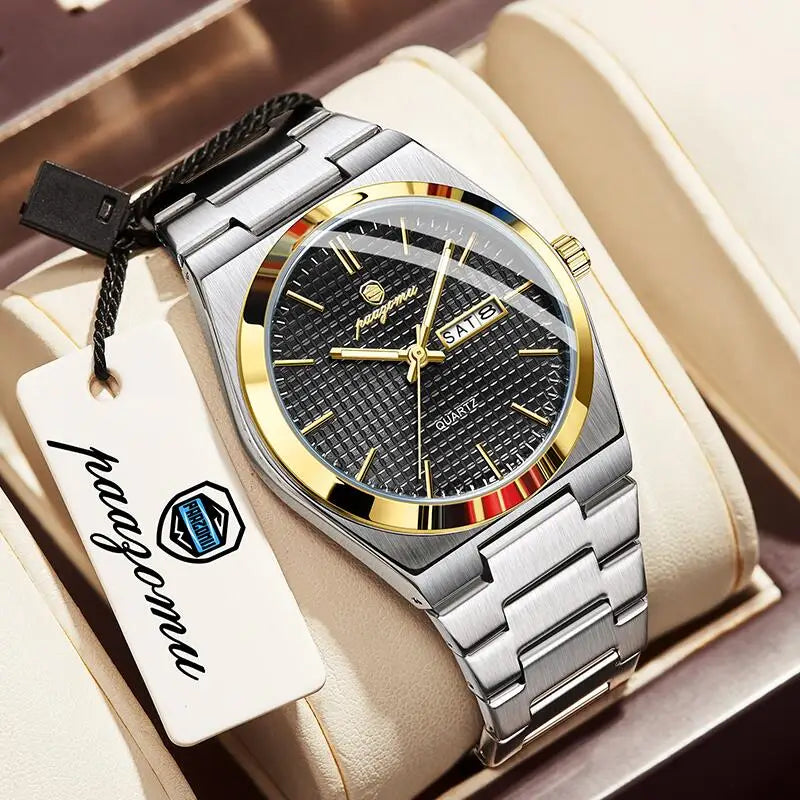 PAAZOMU Reloj de hombre de lujo original, a la moda, luminoso, impermeable, cronógrafo, con fecha, para hombre, de cuero, de cuarzo, Reloj