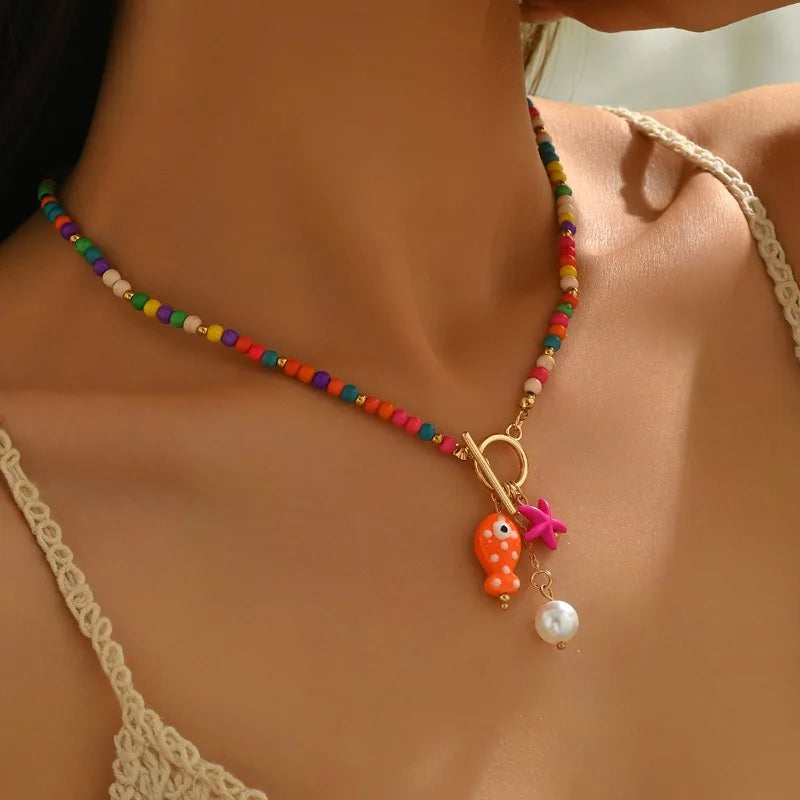 Bohemian Sea-Inspired Ceramic Fish & Starfish Pendant Necklace with 4mm Synthetic Turquoise Beads, Lightweight Beach Jewelry