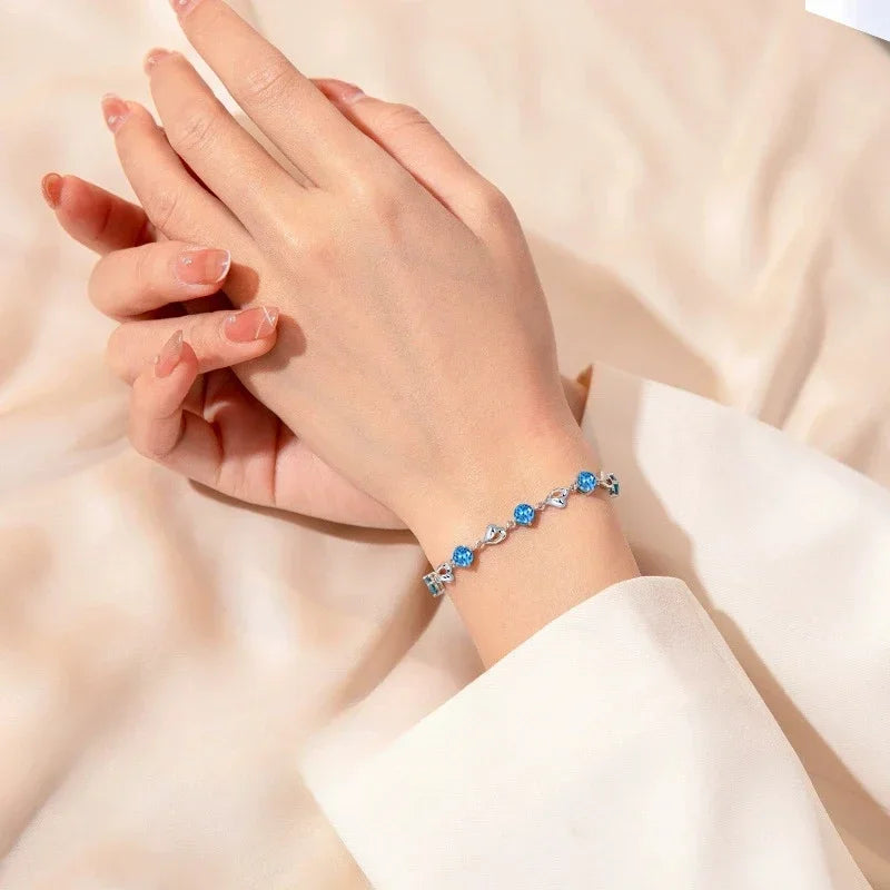 925 Sterling Silber Herzförmiges Armband für Damen Retro Koreanisch Vielseitig Blau Kristall Charm Armbänder Original Partyschmuck