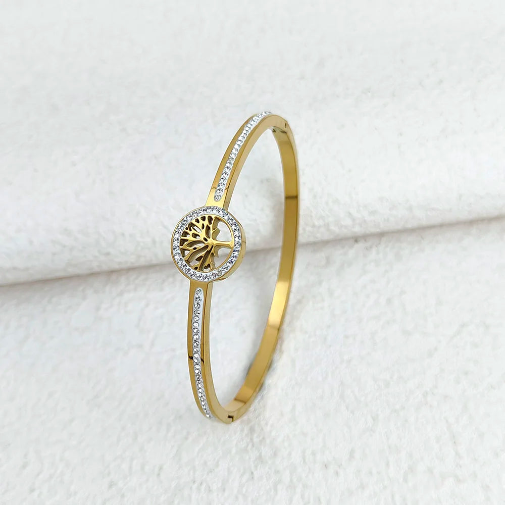 Luxus-Edelstahl-Lebensbaum-Armreif für Frauen und Männer, Kristall-Zirkon-Armband, Silber-Gold-Farbe, Handgelenkschmuck-Accessoires