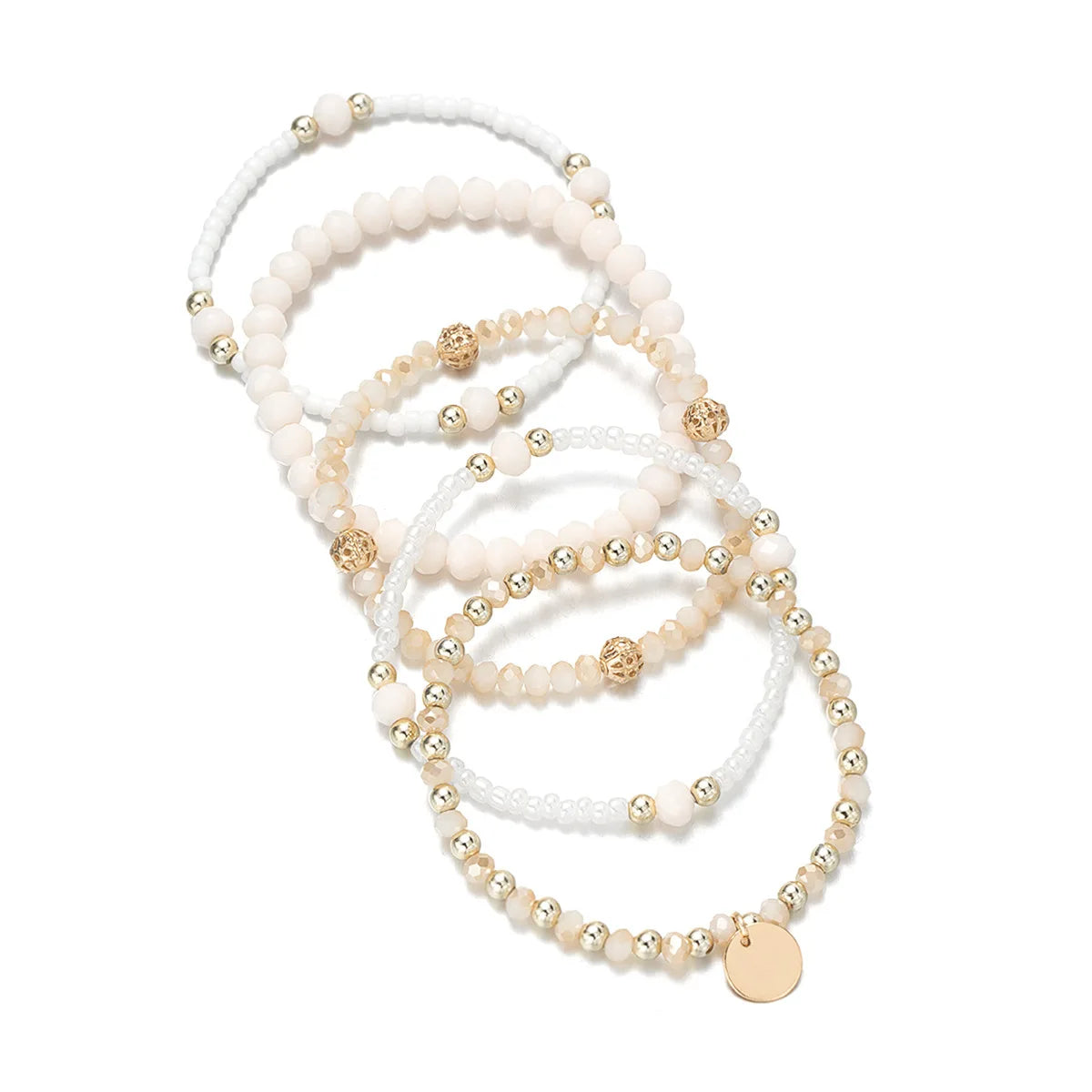 5er-Set modischer Harz-Perlenarmbänder für Frauen, runde Anhänger, elastische Perlenketten-Armreifen, Armband, Damenschmuck für den Urlaub