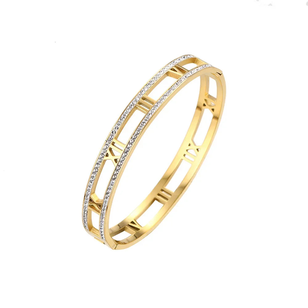 Luxus Kristall Hohl Römische Ziffer Armbänder für Frauen Männer Edelstahl Unisex Armreif Mode Klassischer Schmuck Accessoires