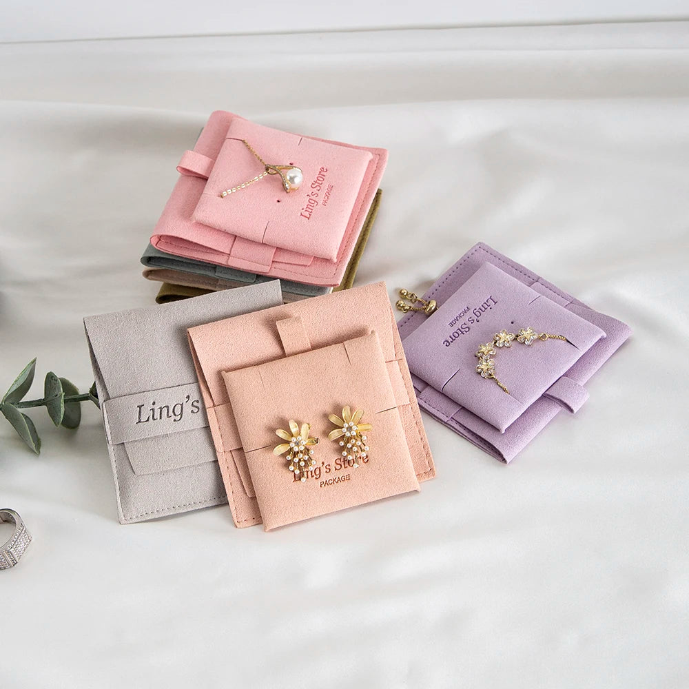 20/50/100pcs Personalized Logo Jewelry Microfiber Strip 8x8cm Bag Insert With 6x6cm Pad Card For Earrings Studs Necklace Pendant