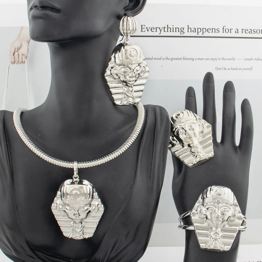 Goldfarbenes großes Schmuckset für Damen Menschliches Design Ohrringe Halskette Dubai Afrikanisches Armband Ring Hochzeitsbrautgeschenk