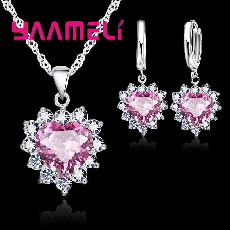 Trendiges 925 Sterling Silber Schmuckset für Damen mit Herz-Zirkonia-Anhänger, Halsketten und Ohrringen – LIEBE Jubiläumsgeschenk