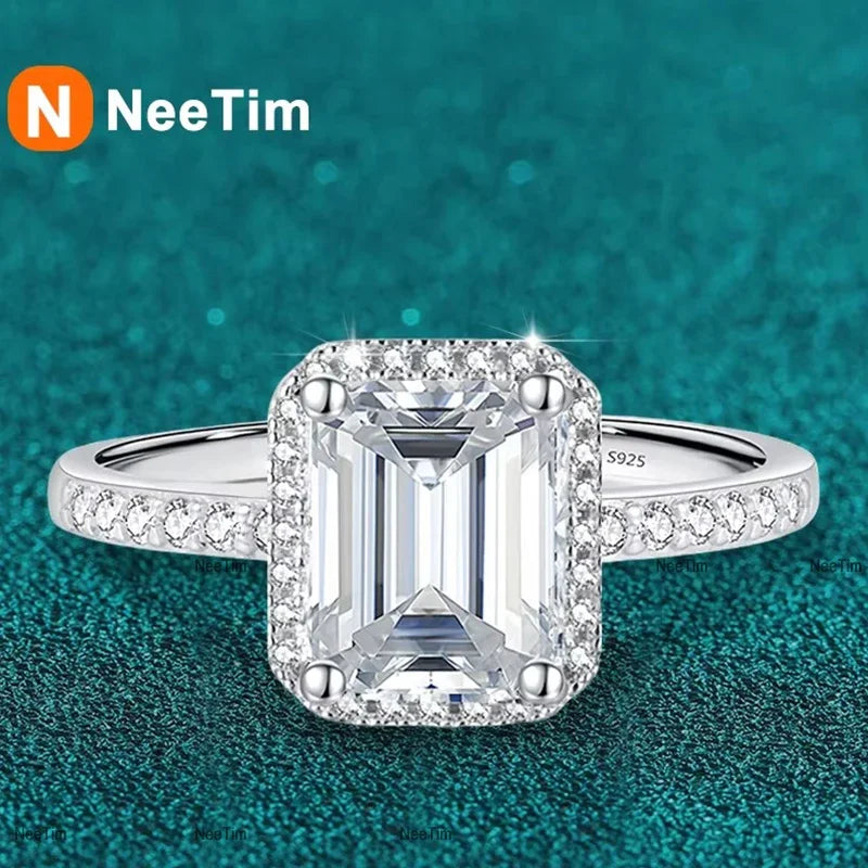 NeeTim 1ct 2ct Moissanit Ring für Damen Smaragdstrahlender Schliff Labor-Diamantringe Sterling Silber 925 mit vergoldetem Ehering