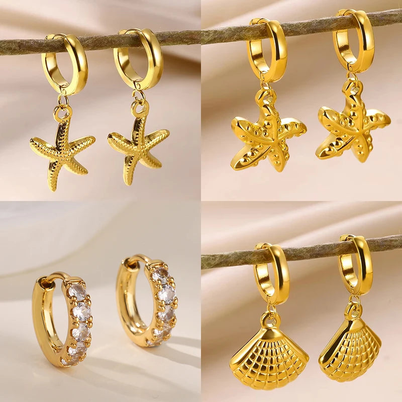 Vintage Seestern Muschel Creolen für Damen Goldfarben Edelstahl Ozean Muschel Ohrring Wasserdichter Hochzeitsschmuck Geschenk