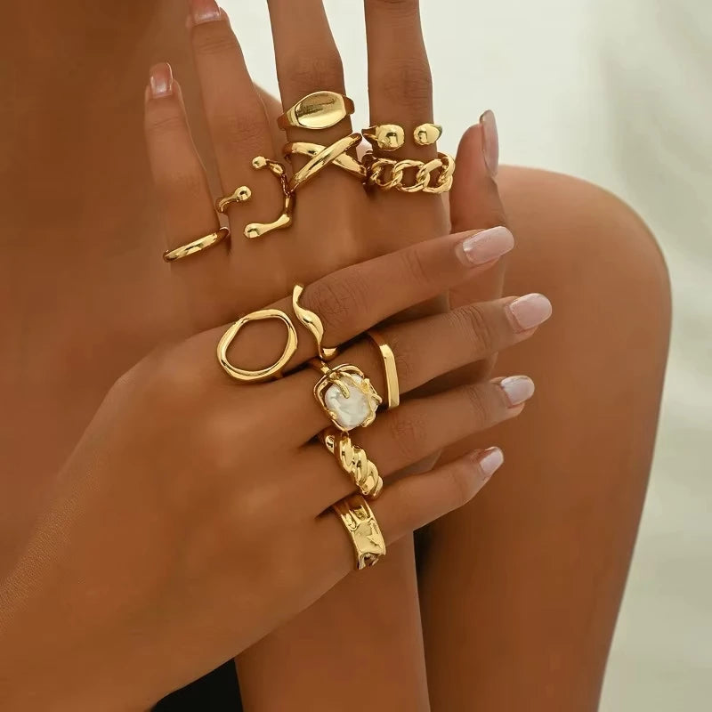 12tlg./Set Vintage Böhmischer Damenring-Set, perfekt für Strandurlaub und Freizeit, passend für alle Jahreszeiten