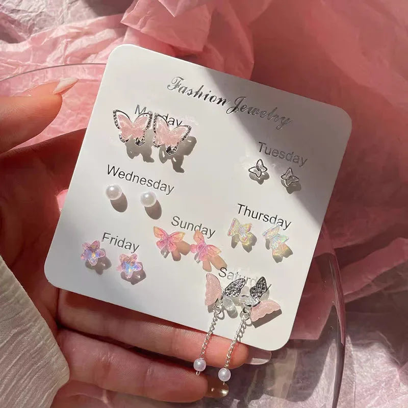 Bunte Blumen Schmetterling Ohrringe Siebenteiliges Set Für Frauen Mode Personalisierte Tägliche Accessoire Party Schmuck Geburtstagsgeschenke