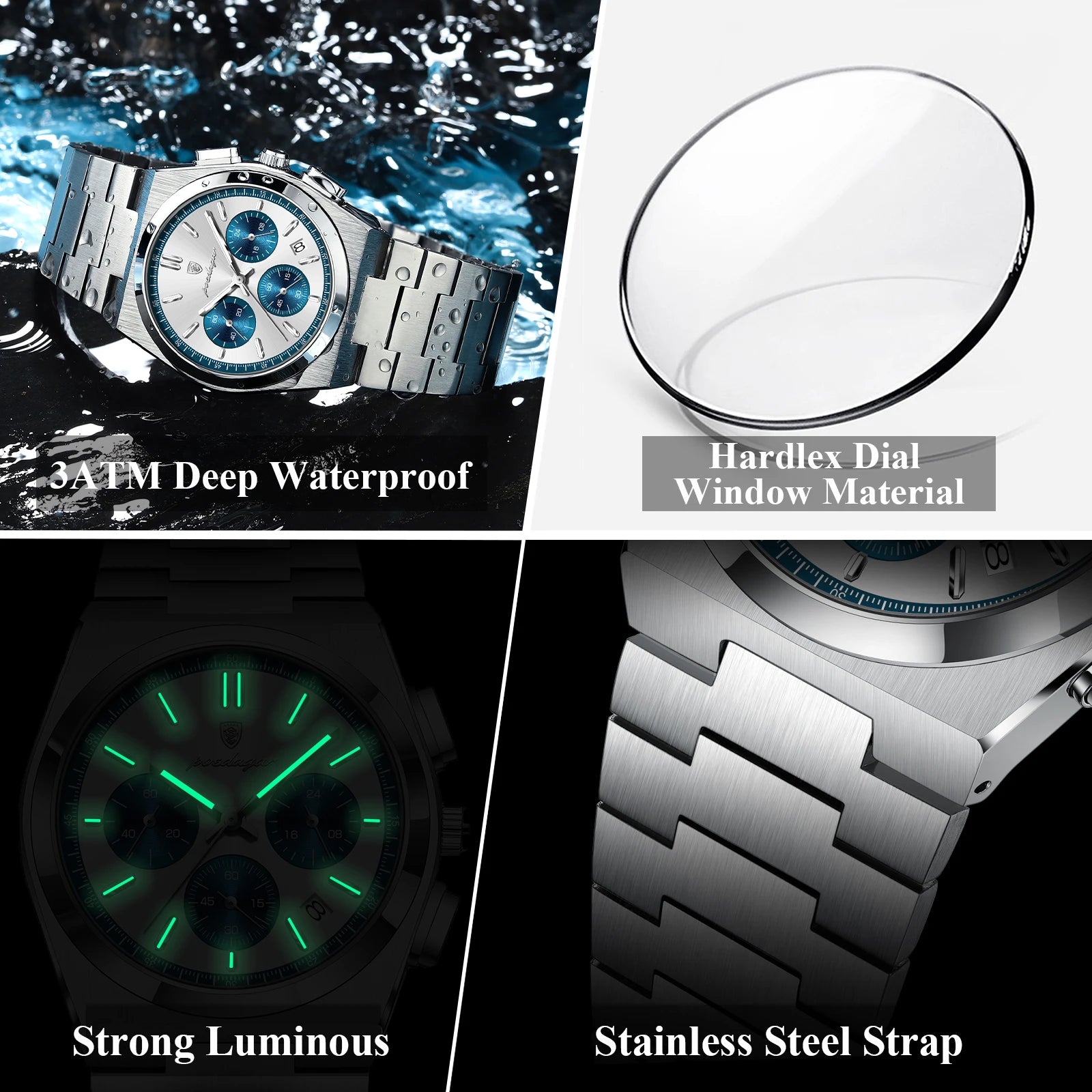 POEDAGAR Reloj de Lujo para Hombre Cronógrafo Fecha Acero Inoxidable Deporte Reloj de Pulsera para Hombre Impermeable Luminoso Moda Relojes de Cuarzo para Hombre