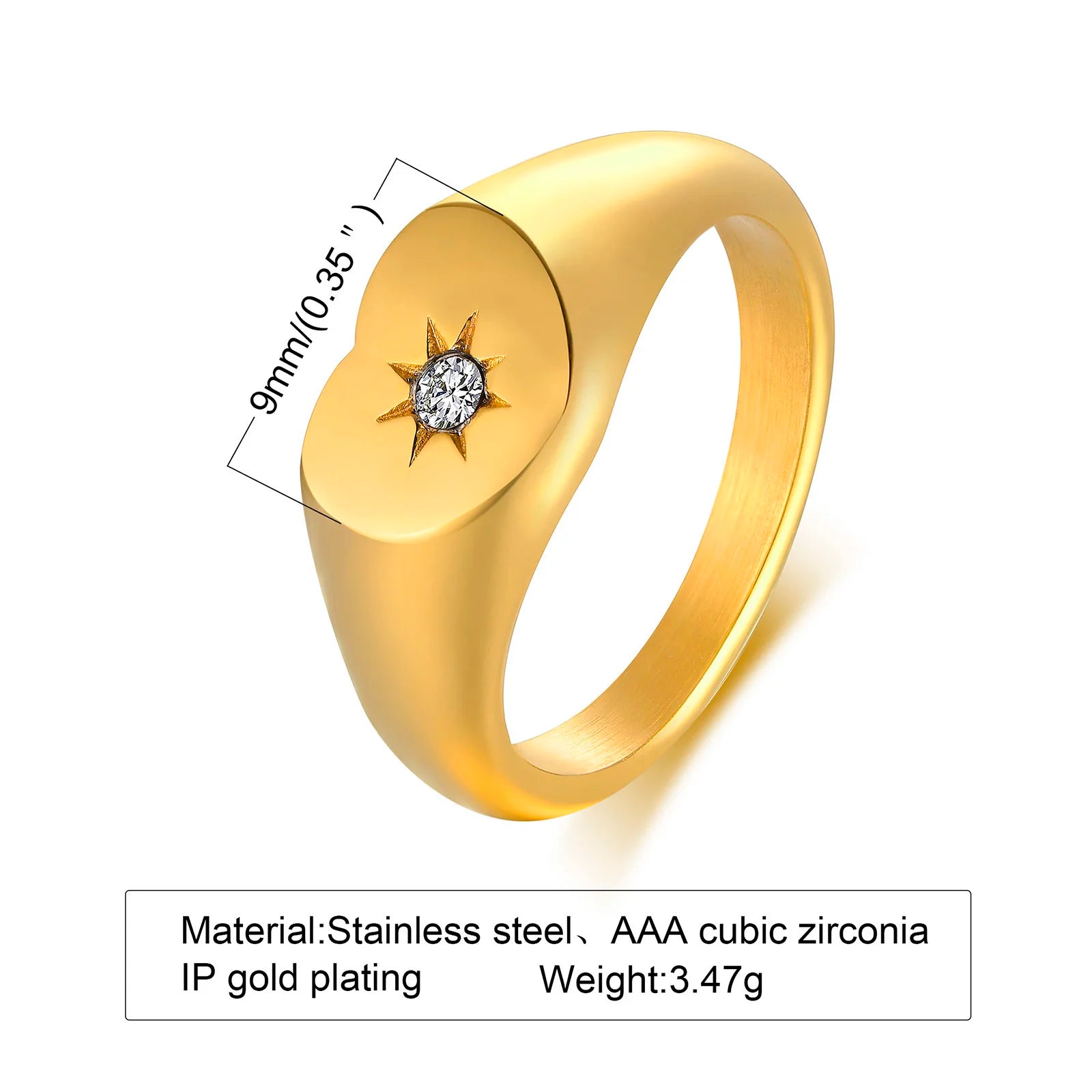 Anillo meñique de sello con sol de acero inoxidable, anillo con incrustaciones de circonita cúbica, chapado en oro, joyería de moda que no se deslustra